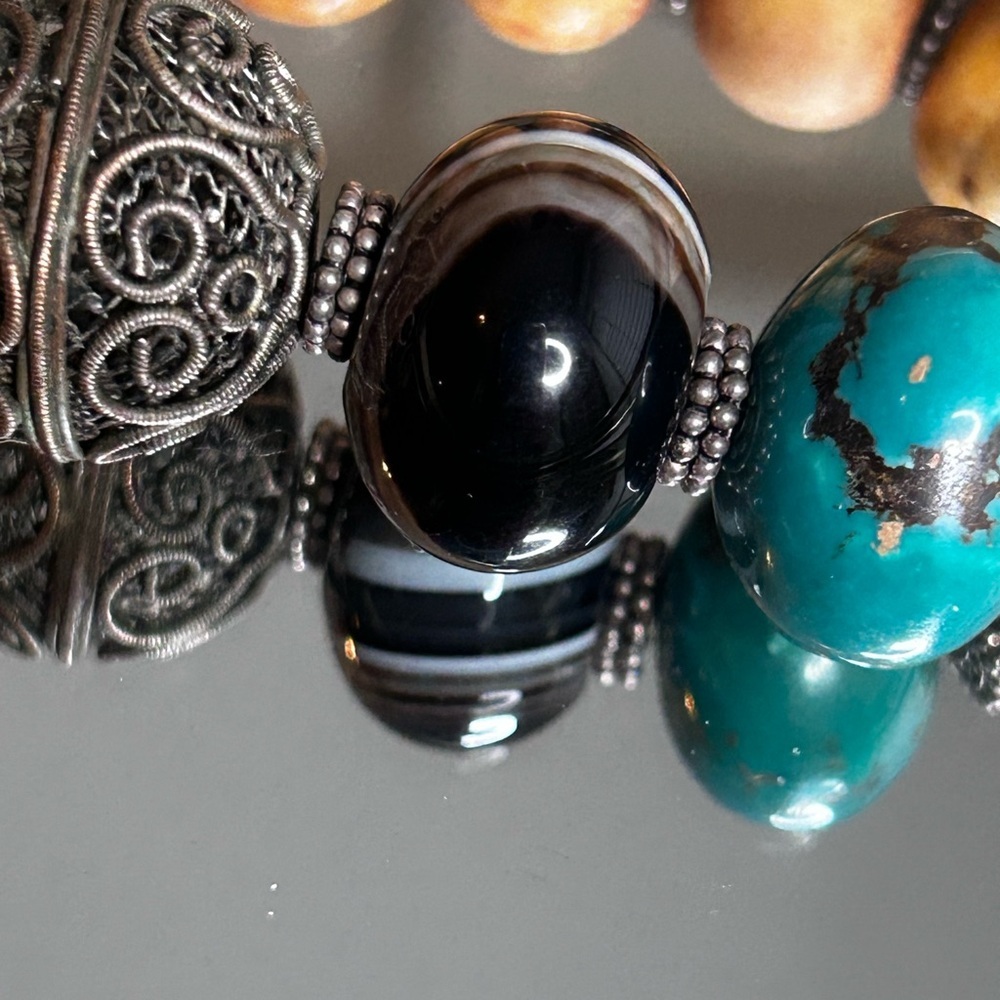 Handmade African beaded tribal choker necklace silver chunky onyx turquoise - Picture 2 of 16